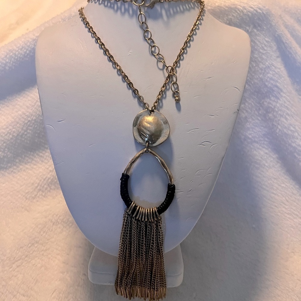Goldtone Hammered Tassel Disc Pendant Necklace